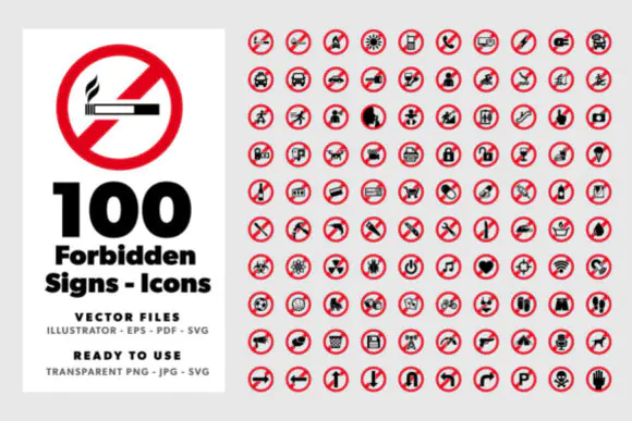 100 Forbidden Signs Icons Vector Pack – Prohibition and Warning Symbol Set for Safety Design, Websites, Mobile Apps, Presentations, Print Materials and Industrial Signage Projects
