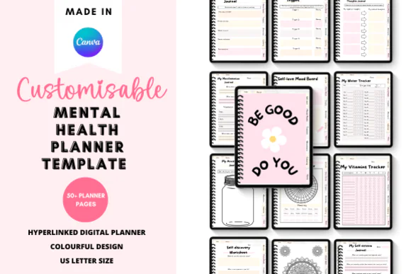 Canva Mental Health Digital Planner Template | 50+ Editable Self-Care, Mood, Anxiety, Habit & Wellness Journal Pages for Etsy, Shopify & Personal Use