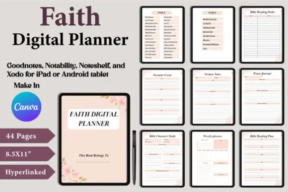 Faith Digital Planner Canva Templates | 44 Editable Bible Study, Prayer Journal, Devotional, Daily Weekly Monthly Planner Pages with PDF JPG PNG