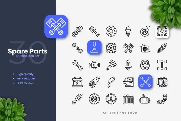 Spare Parts Icons Vector Pack – Editable Automotive and Mechanical Icon Set for Websites, Mobile Apps, Infographics, Social Media, Print Design and Branding Projects