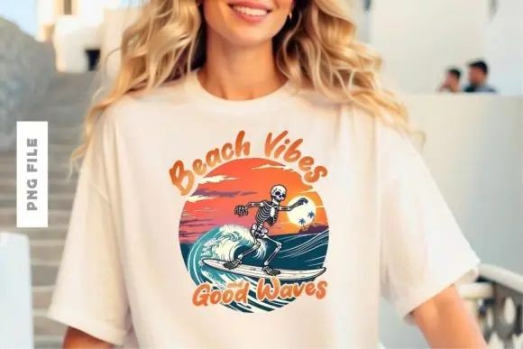 Beach Vibes and Good Waves T Shirt Design PNG PDF – Summer Quote Graphic for Print on Demand, Hoodies, Posters, Mugs, Tote Bags and Coastal Lifestyle Merchandise