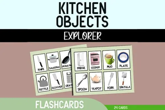 Kitchen Objects Flashcards | Printable Kitchen Vocabulary Cards for Kids, ESL, Homeschool, Classroom Language Learning & Everyday Object Recognition