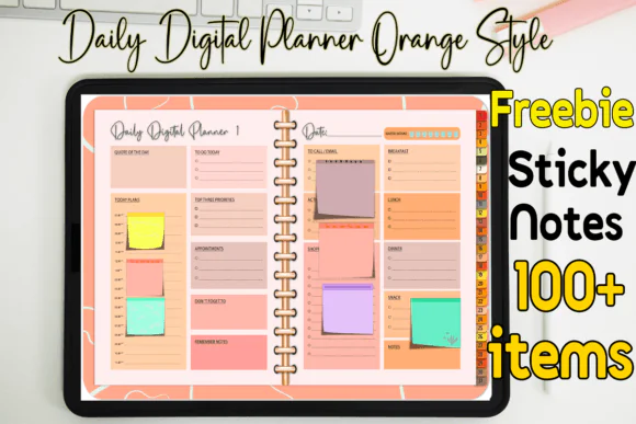 Daily Digital Planner Orange Style PDF | 31-Page Undated Monthly Planner with Hyperlinks and 100+ Sticky Notes for GoodNotes, Notability, Xodo & Noteshelf
