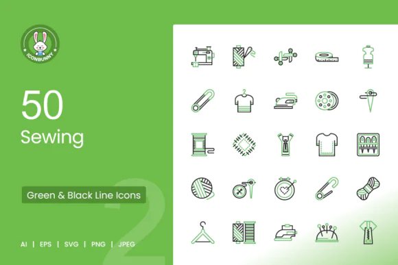 50 Sewing Green and Black Icons Vector Pack – Tailoring, Knitting and Textile Design Icon Set for Apps, Websites, Print, Presentations, Templates and Craft Branding