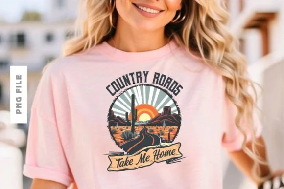 Country Roads Take Me Home T-Shirt Design PNG PDF | Retro Music Quote Graphic for Sublimation, Screen Printing, POD, Hoodies, Mugs & Merchandise