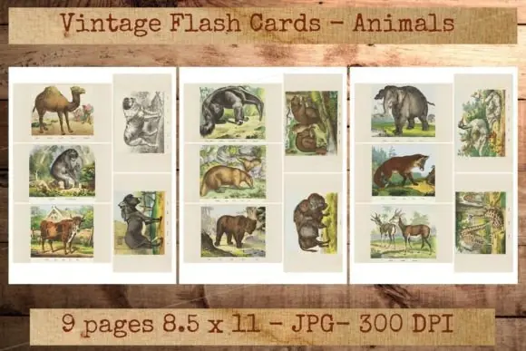 Vintage Animal Homeschooling Flashcards | Printable Multilingual Animal Vocabulary Cards in English, Spanish, French, German & Dutch for Homeschool, Reading, Crafts & Language Learning