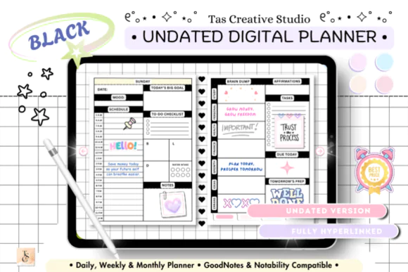 Black Life Digital Planner Dark Mode for GoodNotes, Notability & XODO | Undated Hyperlinked Horizontal PDF Planner with Daily, Weekly, Health, Finance & Productivity Pages