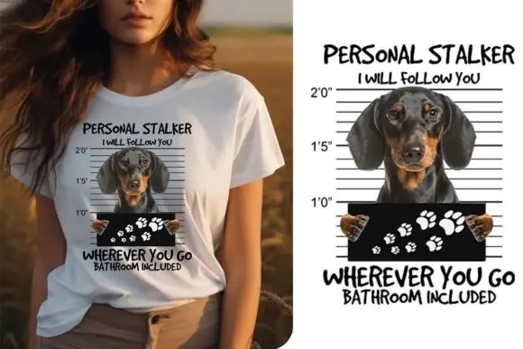Dachshund Personal Stalker T Shirt Design PNG AI – Funny Wiener Dog Graphic for Print on Demand, Dog Lover Apparel, Stickers, Posters, Vinyl Decals and Custom Pet Merch