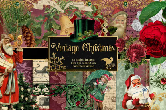 Vintage Christmas Graphics Bundle – Elegant Holiday Clipart and Digital Paper Set with Floral Frames, Birds, Holly, Stars, Festive Backgrounds, and Transparent PNG Elements for Seasonal Crafts