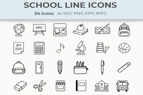 Back to School Line Icons Set | 24 Minimalist Student SVG PNG EPS AI Icons for Classroom Planners.