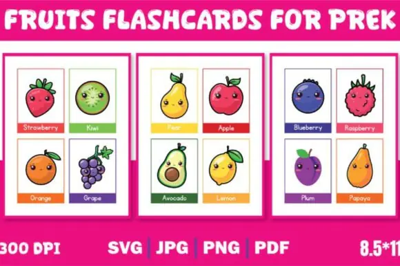 Fruits Flashcards for Kids Printable – Preschool and Kindergarten Fruit Learning Cards, Homeschool Food Vocabulary Activity Set, Educational Fruit Flashcards in PDF SVG JPG and PNG