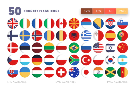 50 Country Flags Icons Vector Pack – International Flag Symbol Set for Websites, Mobile Apps, Presentations, Print Design, Travel Projects and Global Branding Materials