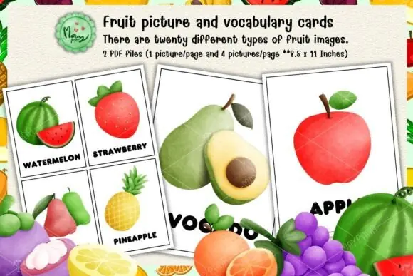 Fruit Flashcards Printable Fruit Cards | 20 Printable Fruit Vocabulary Learning Cards for Kids, Preschool, Kindergarten, Homeschool, Classroom & Early Food Recognition Activities