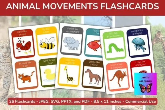 Animal Movements Flashcards Printable for Kids – Preschool and Kindergarten Action Learning Cards, Homeschool Animal Motion Vocabulary Set, Editable Educational Flashcards in PDF JPEG SVG and PPTX