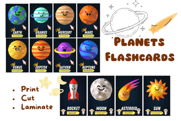 Printable Planets Flashcards for Kids – Solar System Learning Cards with 8 Planets, Sun, Moon, Asteroid and Rocket, Preschool STEM Space Science Activity Set for Homeschool and Classroom