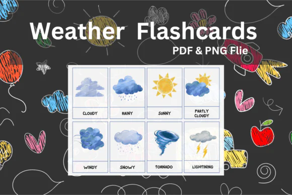 Weather Flashcards Printable for Kids – Preschool and Kindergarten Weather Learning Cards, Classroom and Homeschool Science Vocabulary Printables, PDF and PNG Educational Set