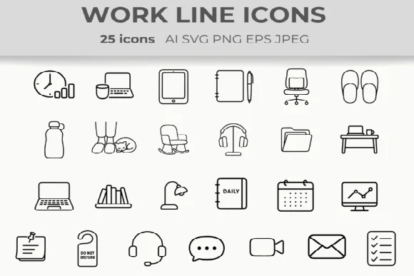 Work From Home Line Icons Set | 25 Minimalist Vector PNG SVG EPS AI Icons for Planners.