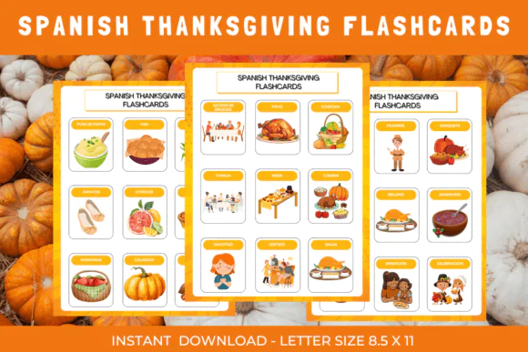 Spanish Thanksgiving Flashcards Printable for Kids – Bilingual Holiday Vocabulary Cards, ESL & Spanish Learning Worksheets, Preschool & Kindergarten Classroom Activity Set