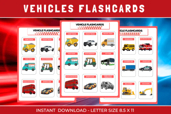 Vehicles Montessori Flashcards Printable for Kids – Transportation Learning Cards, Preschool & Kindergarten Educational Worksheets, ESL Vocabulary Builder, Homeschool Activity Set