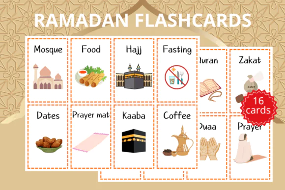 Ramadan Flashcards for Kids Printable – Islamic Learning Cards for Children, Preschool and Kindergarten Religious Vocabulary Activity Set, Homeschool and Family Ramadan Educational Printables