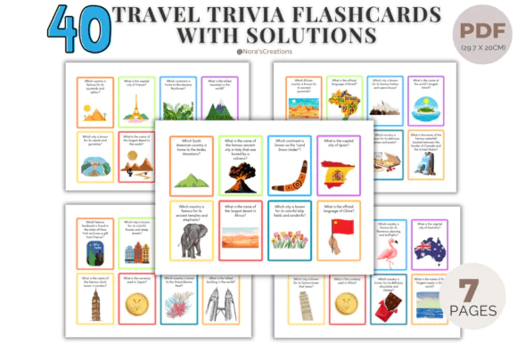 40 Travel Trivia Flashcards for Kids Printable – Geography, Culture and World Knowledge Quiz Cards for Ages 8 to 12, Educational Travel Game for Homeschool, Classroom and Family Fun