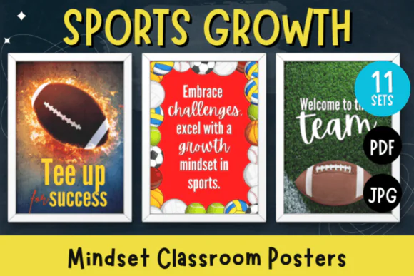 Sports Growth Mindset Classroom Posters Printable – Motivational Wall Art for Students, Inspirational Sports Quotes Decor, School Counseling and Classroom Encouragement Poster Set