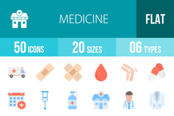 50 Medicine Flat Icons Vector Pack – Medical, Hospital and Healthcare Symbol Set for Websites, Mobile Apps, Presentations, Print Design, Dashboards and Health Projects