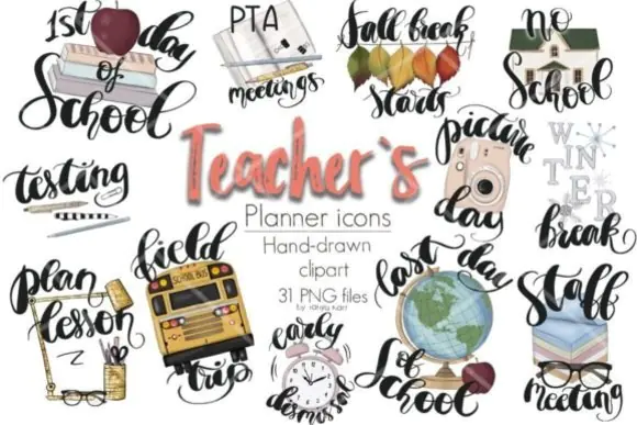 Teacher Planner Icons Clipart Kit – Hand Drawn Holiday Planner PNG Icons for Teacher Stickers, Classroom Organizers, Printable Covers, Web Design and Creative School Projects