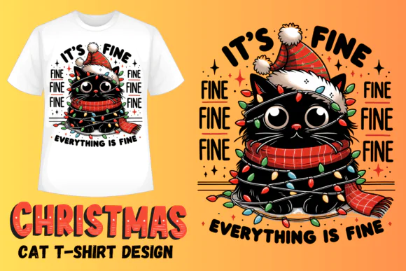 Christmas Funny Cat T-Shirt Design SVG PNG EPS | Cute Xmas Cat Graphic for Print on Demand, Sublimat