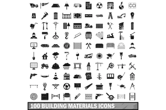 100 Building Materials Icons Set Simple Style – Construction, Hardware and Industrial Vector Icon Pack for Websites, Mobile Apps, Print Design, Presentations and Creative Projects