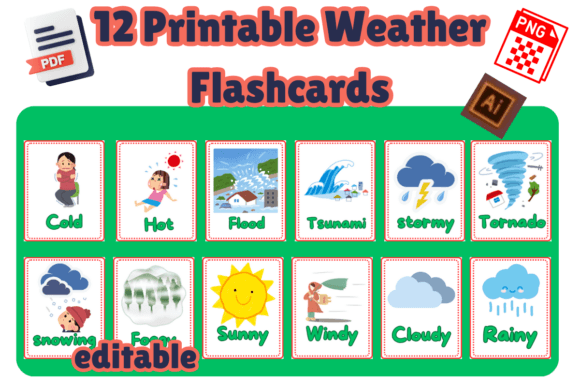 12 Printable Weather Flashcards for Kids – Editable Preschool Weather Learning Cards, Classroom and Homeschool Science Vocabulary Activity Set, 4x5 Printable Weather Image Cards