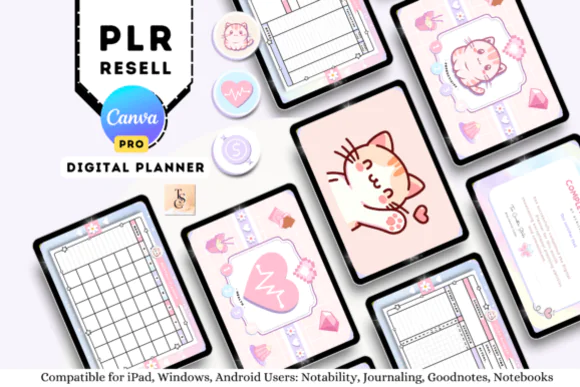 PLR Canva ADHD Cute Digital Planner Template | 71-Page Hyperlinked Undated Planner for GoodNotes, Notability, XODO & Rebrandable Digital Product Sales