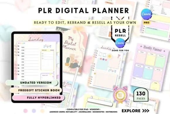 PLR Resell Canva Undated Digital Planner Template | 130-Page Hyperlinked Rebrandable Planner with Sticker Book, Health, Finance & Productivity Pages for Digital Product Sales