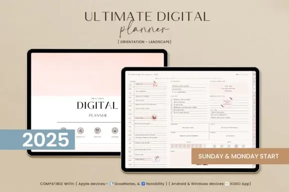 Ultimate 2025 Digital Planner for GoodNotes, Notability & Xodo | 600-Page Hyperlinked Landscape PDF Planner with Daily, Weekly, Monthly, Wellness, Finance & Productivity Pages