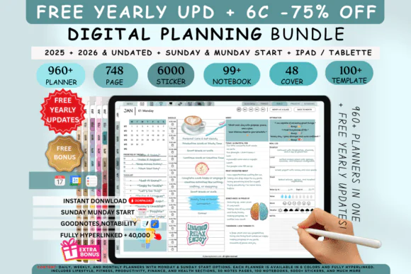 Digital Planner Blue 2025 2026 2027 & Undated for GoodNotes, iPad & Notability | Hyperlinked All-in-One Planner Bundle with 6000 Planners, Stickers, Notebooks & Custom Templates