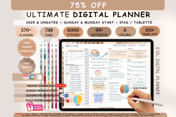 Digital Planner 2025-2026-2027 & Undated | 63+ Templates | 2025/2026/2027 | for Hyperlinked Undated GoodNotes, Notability, and iPad | Daily, Weekly & Monthly Organizer