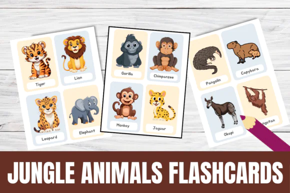 Jungle Animals Vocabulary Flashcards | Printable Wild Animal Learning Cards for Kids, Preschool, Kindergarten, Homeschool, Classroom Science & Early Vocabulary Activities