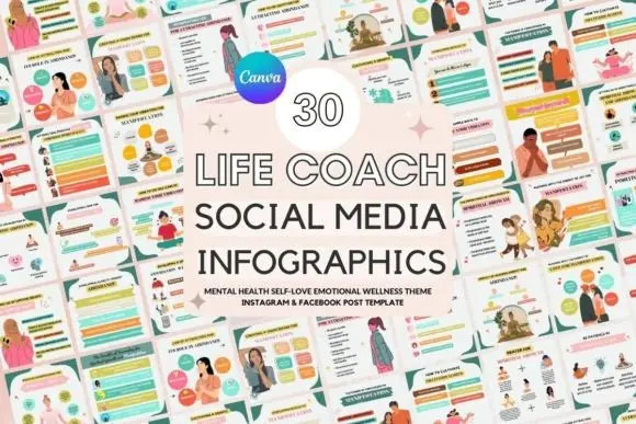 Life Coach Social Media Post Canva Templates, 30 Editable Instagram & Facebook Posts for Coaches, Mindset Coach Content, Self Love Branding Kit