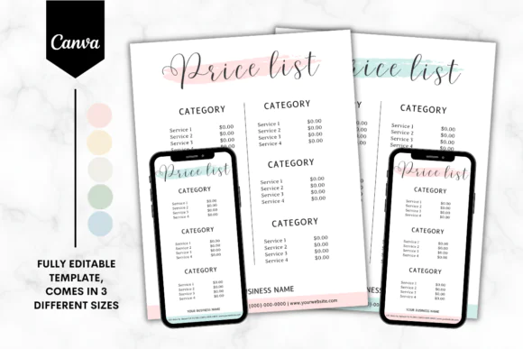 Editable Price List Template Bundle in 5 Colors for Canva, Customizable Business Price Sheet, Printable Service Menu, Small Business Pricing List Digital Download