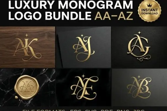 Luxury Monogram Logo Bundle AA–AZ | Elegant Gold Alphabet Initial Logos SVG PNG EPS PDF | Premium Branding Kit for Fashion, Beauty, Jewelry & Wedding Businesses