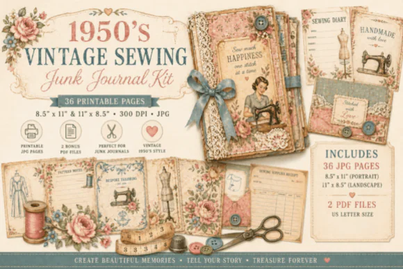 Vintage Sewing Junk Journal Kit, Printable Sewing Journal Pages, Retro Sewing Ephemera Bundle, Junk Journal Printable Kit, Floral Sewing Planner Pages, Vintage Scrapbook Paper Pack
