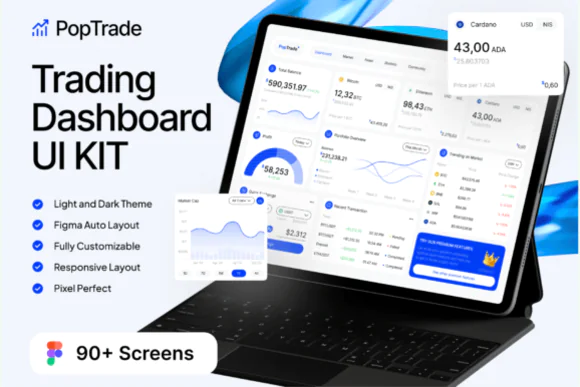 PopTrade Trading Dashboard UI Kit for Figma – 90+ Professional Fintech Screens, Stock Market Analytics Dashboard, Crypto Trading Platform UI, Dark & Light Mode Responsive Web Design System
