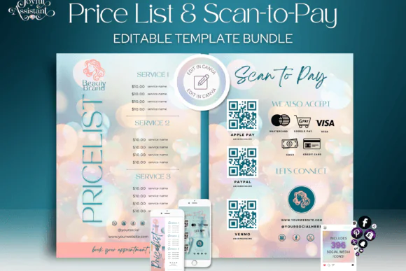 Pastel Price List and Scan-to-Pay Canva Template Bundle, Editable Beauty Business Service Menu, QR Payment Flyer, Social Media Icons, A4, US Letter & Mobile Sizes