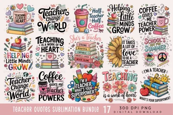 Teacher PNG Sublimation Bundle | 17 High-Resolution Teacher Designs | Back to School PNG Collection | Teacher Appreciation Graphics | Printable T-Shirt, Mug & Sticker Design Bundle