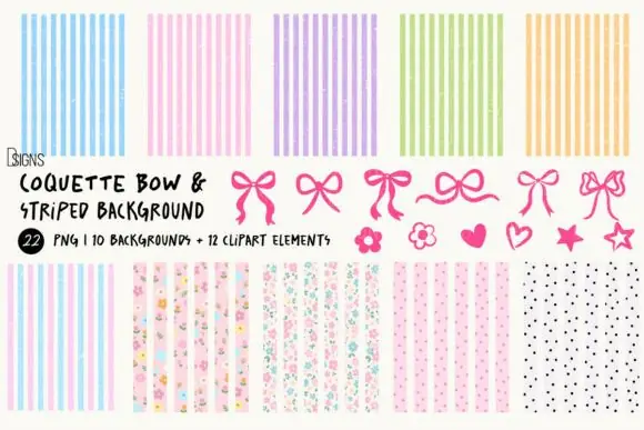 Coquette Bow & Striped Background Bundle PNG, Pastel Feminine Aesthetic Clipart, Cute Bow Sublimation Graphics, Trendy Coquette Digital Paper & Background Set