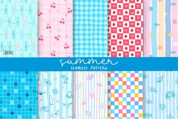 Summer Beach Seamless Pattern Bundle PNG – Cute Tropical Digital Papers, Pastel Ocean & Fruit Patterns, Coastal Scrapbook Backgrounds for Sublimation, Fabric, Cricut & DIY Crafts