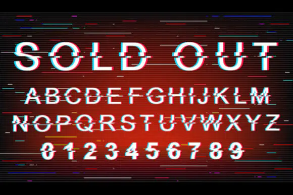 Sold Out Glitch Font Template | Retro Futuristic Vector Alphabet Set with Distortion Effect, Capital Letters, Numbers & Symbols in EPS, JPG, PNG, SVG & AI Formats for Sale Announcements, Posters, Bran