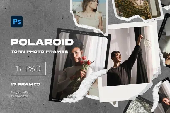 Polaroid Torn Photo Frames Mockup Bundle – 17 Editable PSD Templates, Vintage Polaroid Photo Frame Collection, Mood Board Creator, Scrapbook Mockups, Social Media & Branding Design Kit