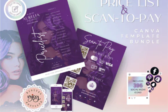 Beauty Price List and Scan-to-Pay Canva Template Bundle, Purple Glam Editable Service Menu, QR Payment Flyer, Salon Spa Price List with Social Media Icons
