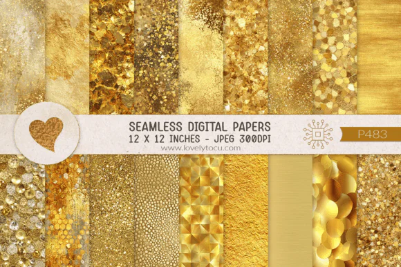 Gold Glitter & Metallic Texture Bundle – 12 Seamless Luxury Digital Papers, Gold Foil Backgrounds, Shimmering Metallic Textures, Scrapbooking & Sublimation Design Pack, 12x12 Inch 300 DPI JPG Papers
